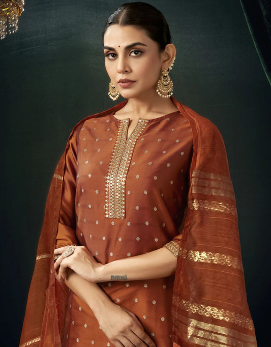 Women jacquard, silk blend kurta pant dupatta set