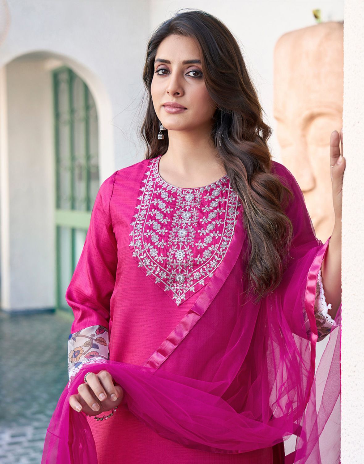 Women silk blend kurta pant dupatta set