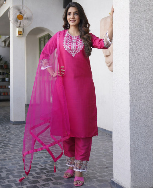 Women silk blend kurta pant dupatta set