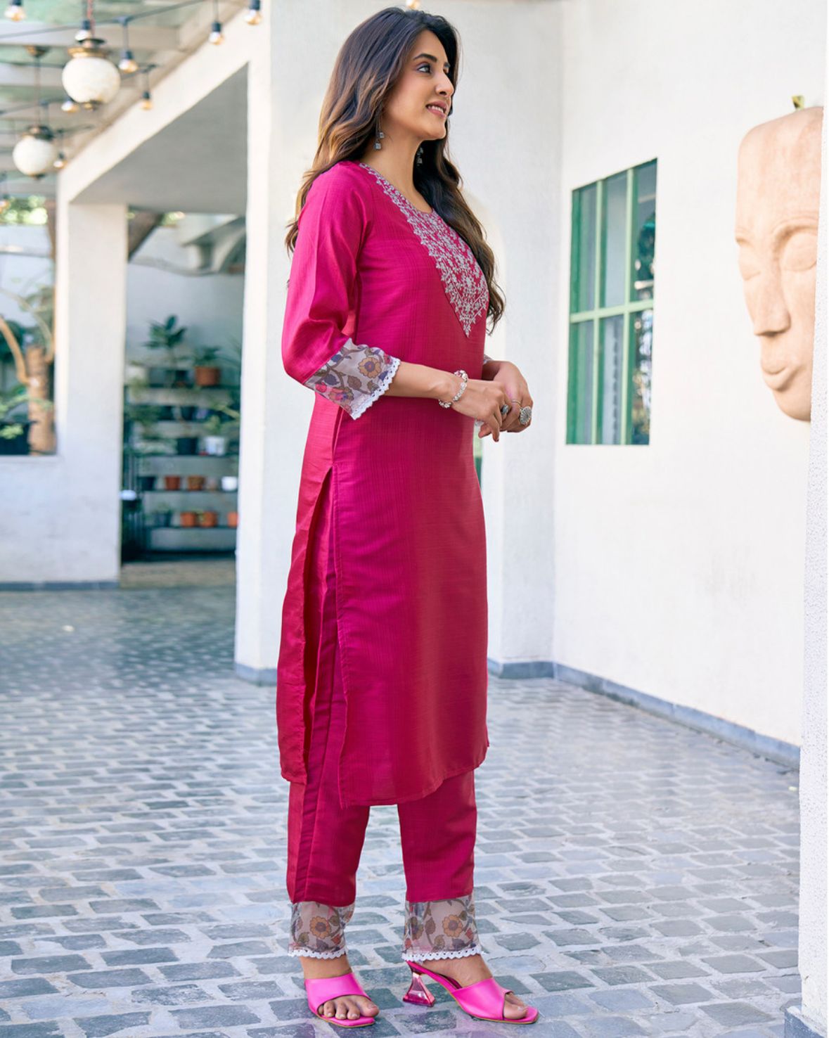 Women silk blend kurta pant dupatta set