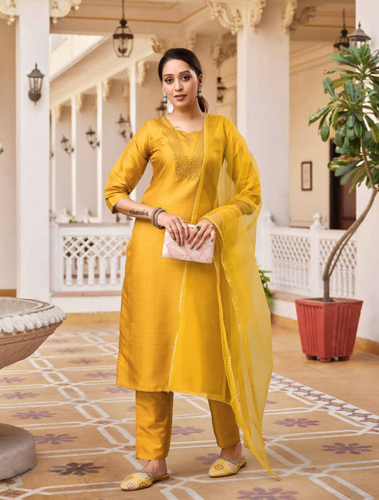Women cotton silk kurti pant dupatta set