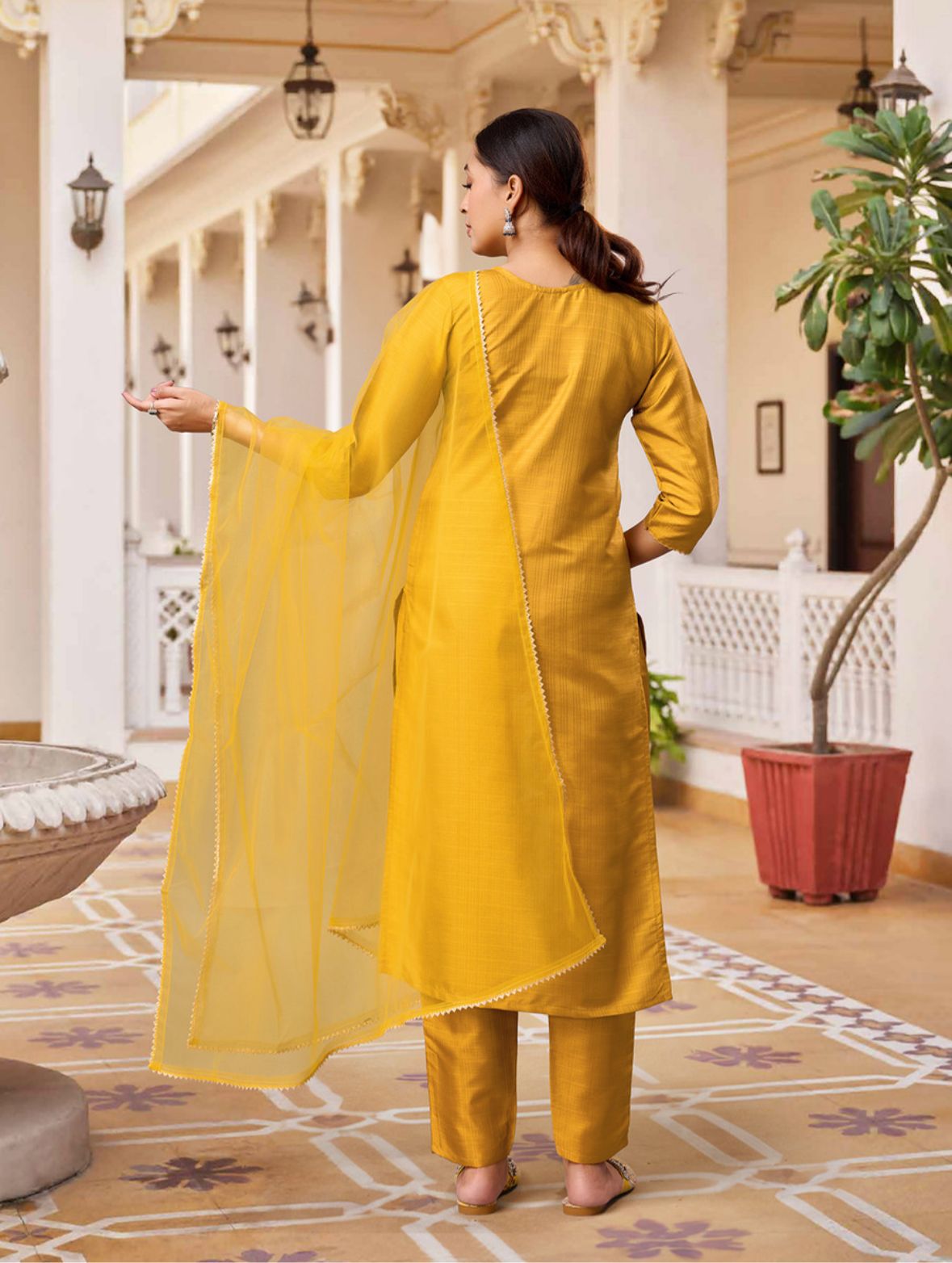 Women cotton silk kurti pant dupatta set