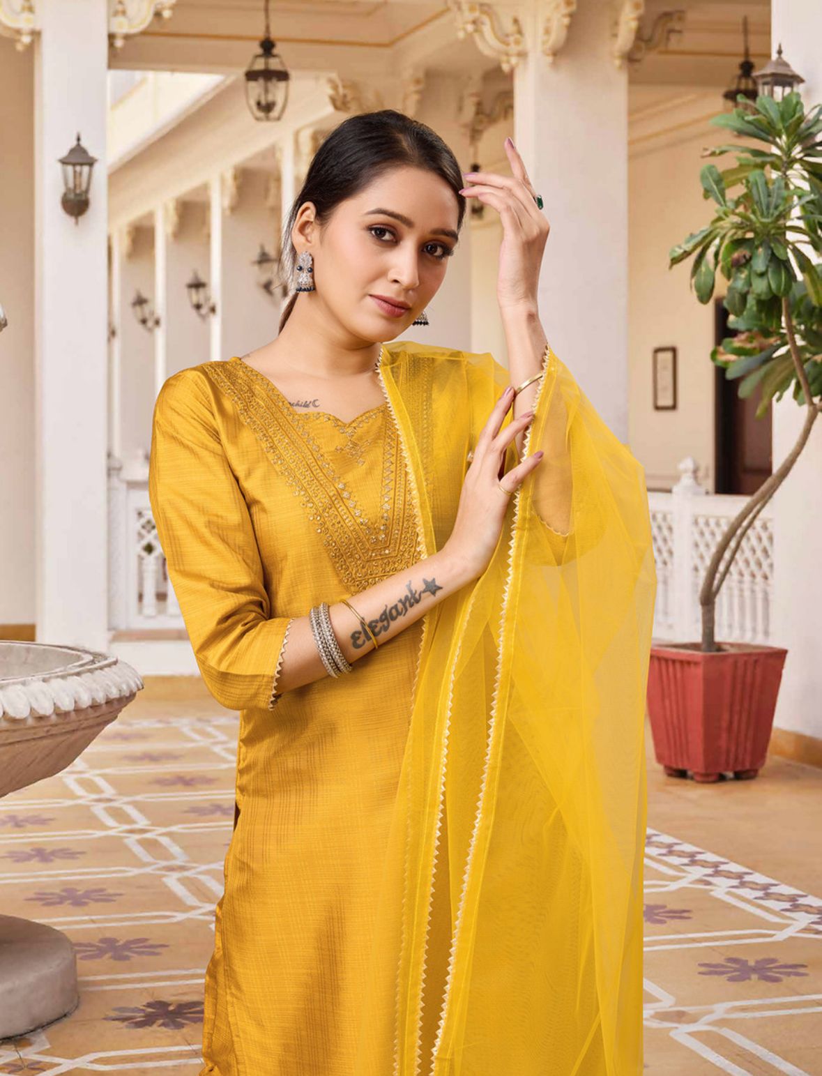 Women cotton silk kurti pant dupatta set