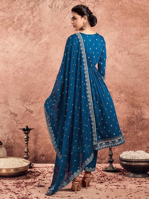 Blue Chinnon Printed Anarkali Kurta Set With Dupatta