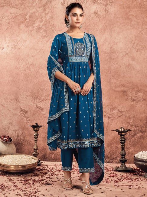 Blue Chinnon Printed Anarkali Kurta Set With Dupatta