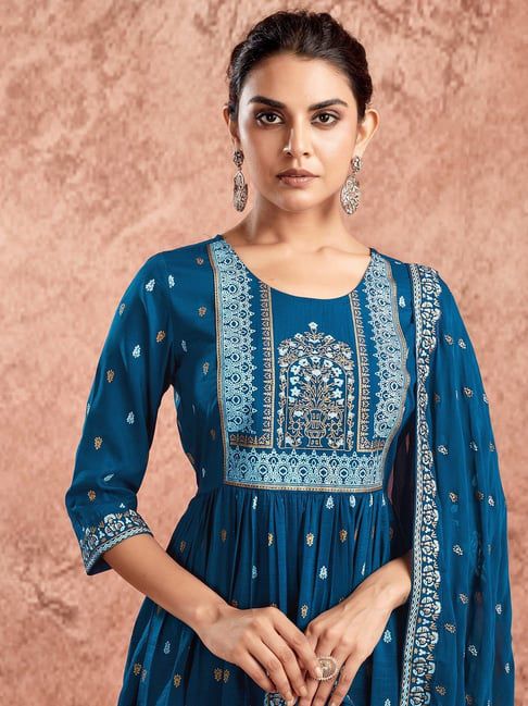 Blue Chinnon Printed Anarkali Kurta Set With Dupatta