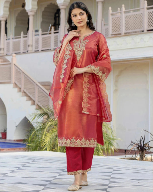 Women net kurta pant embroidery dupatta set