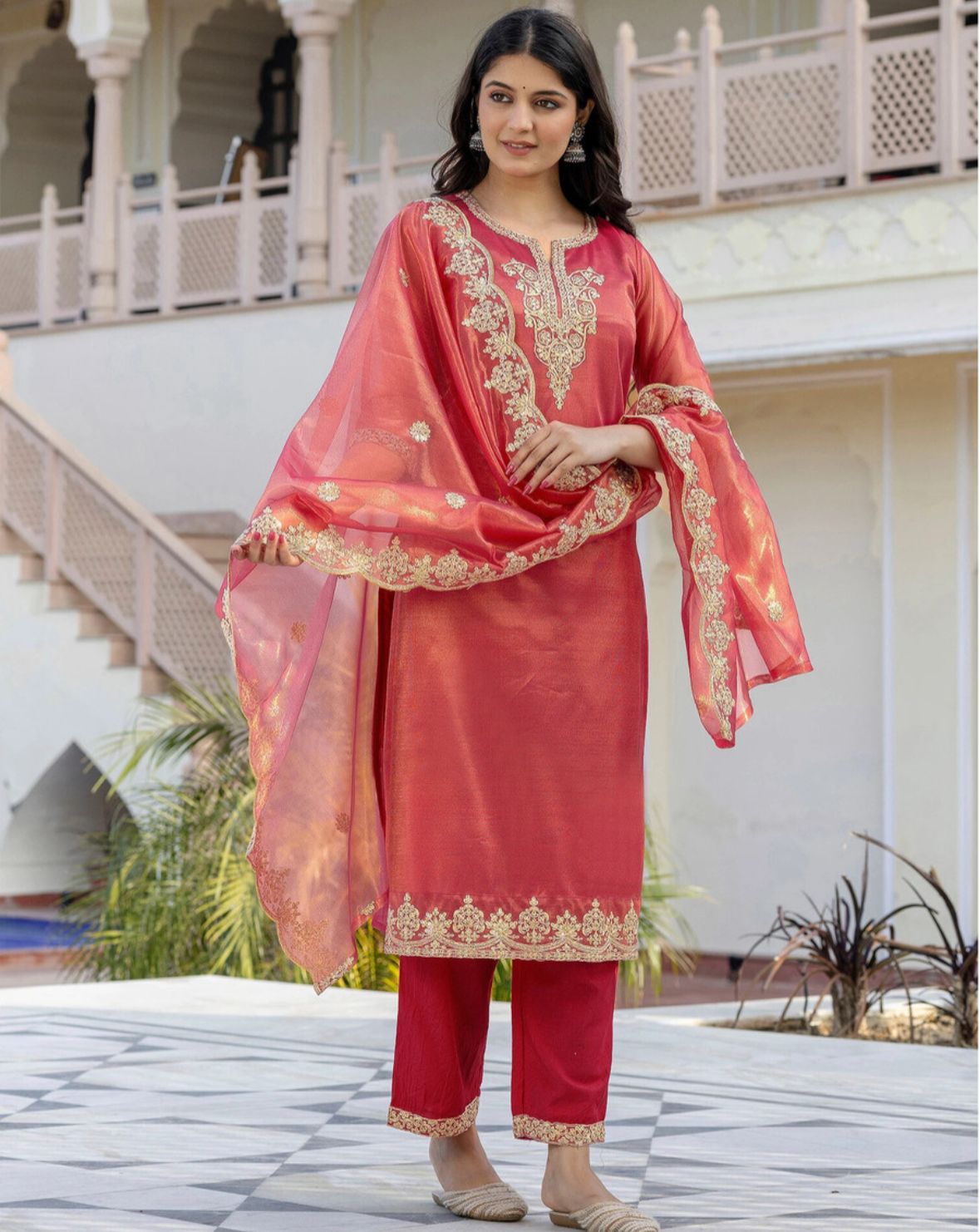 Women net kurta pant embroidery dupatta set