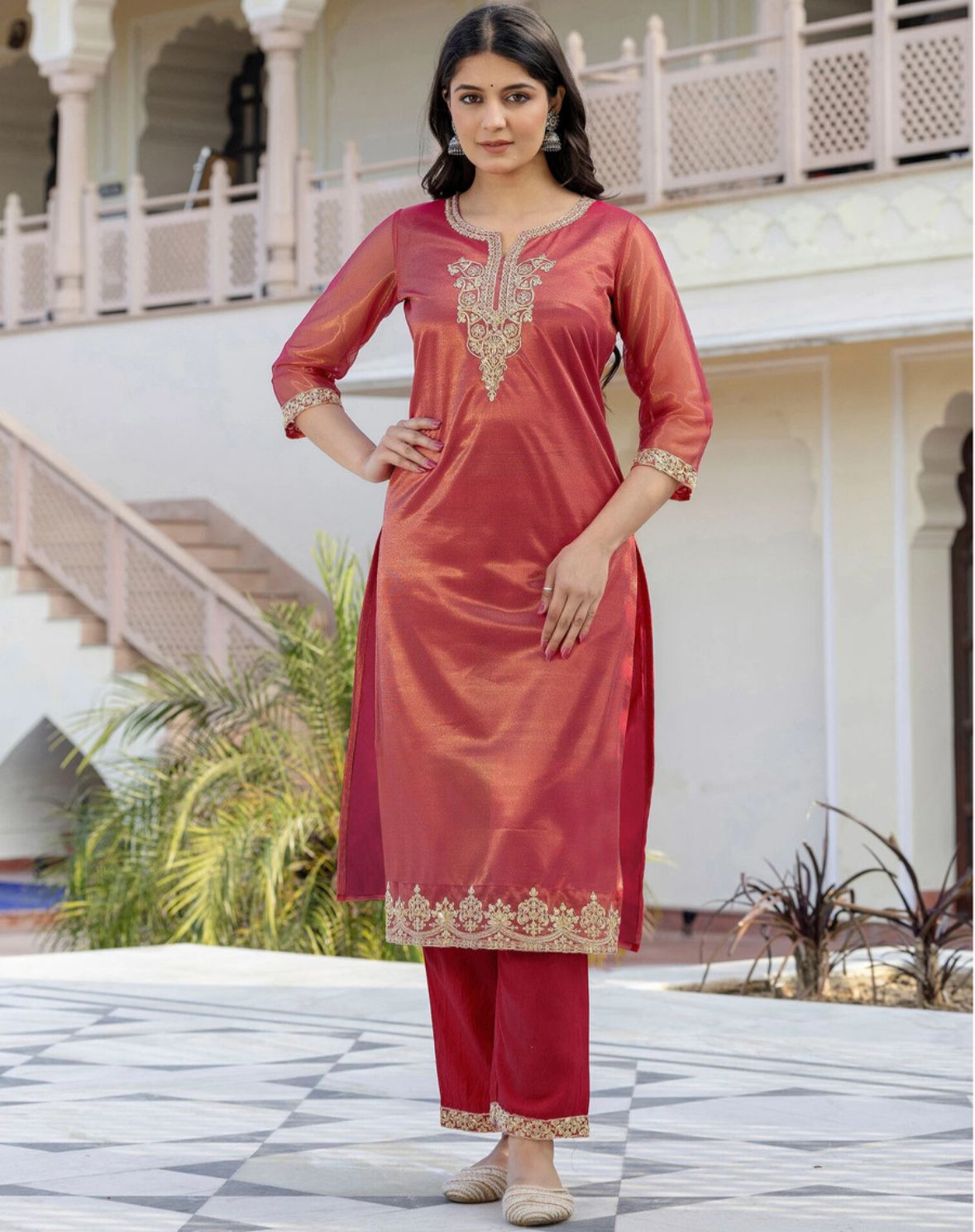 Women net kurta pant embroidery dupatta set