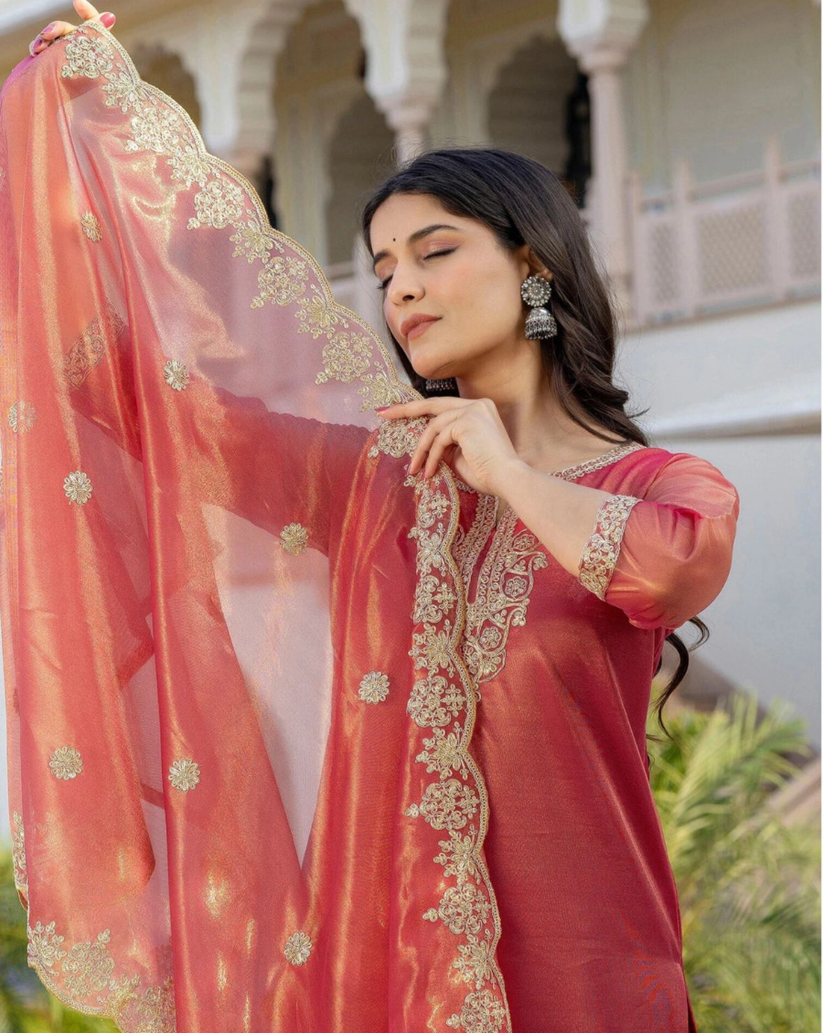 Women net kurta pant embroidery dupatta set
