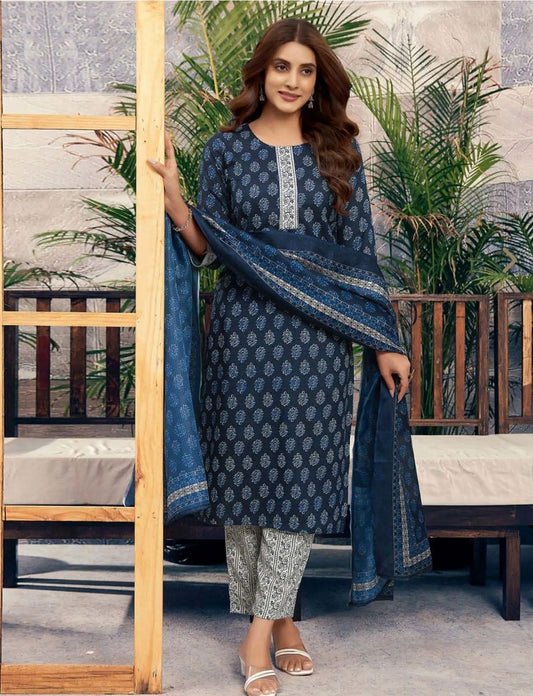 Navy blue Cotton Printed Kurta Pant Set With Dupatta