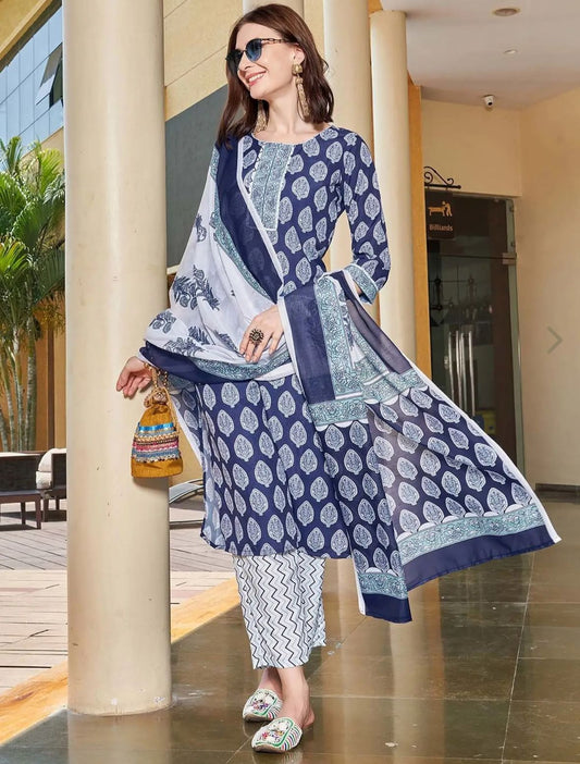 White & Blue Floral Kurta With Pant & Dupatta