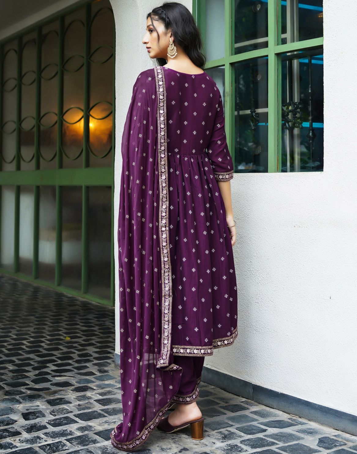 Embellished, geometric print anarkali kurta, bottom & dupatta set