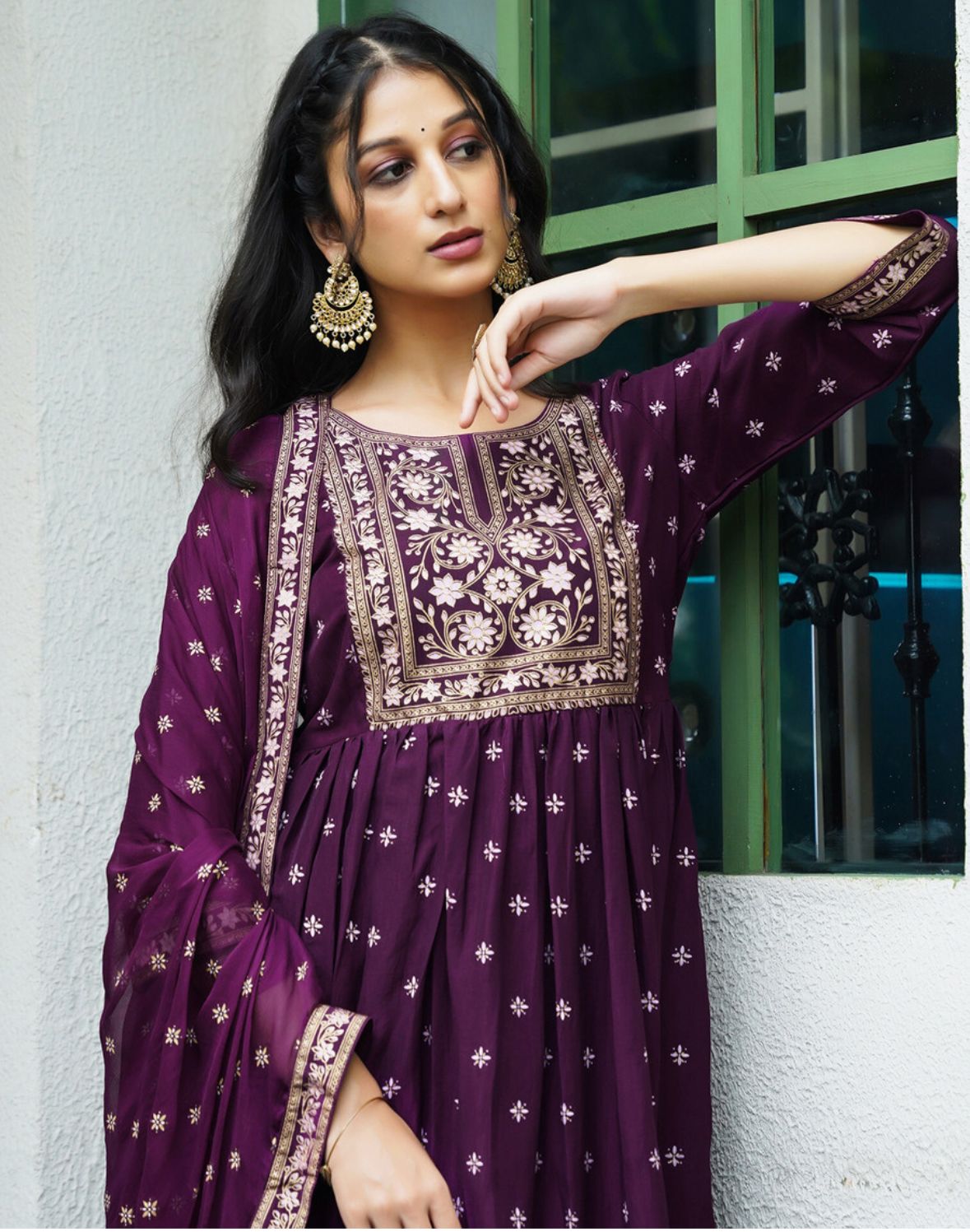 Embellished, geometric print anarkali kurta, bottom & dupatta set