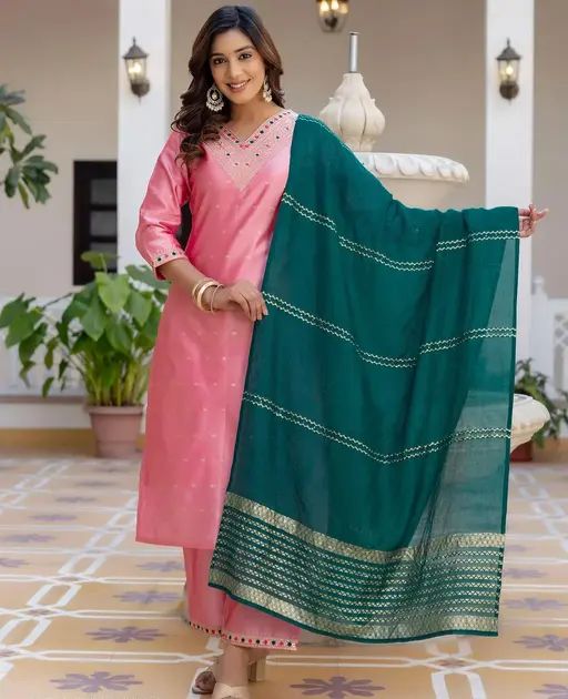 Silk Blend Pink Self-Design Kurta Palazzos With Dupatta