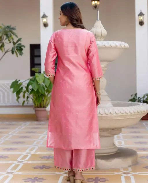 Silk Blend Pink Self-Design Kurta Palazzos With Dupatta