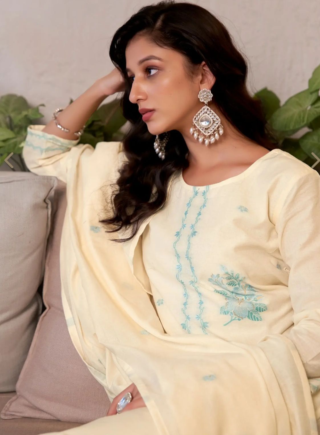 Cream Cotton Self Design Kurta Set With Dupatta