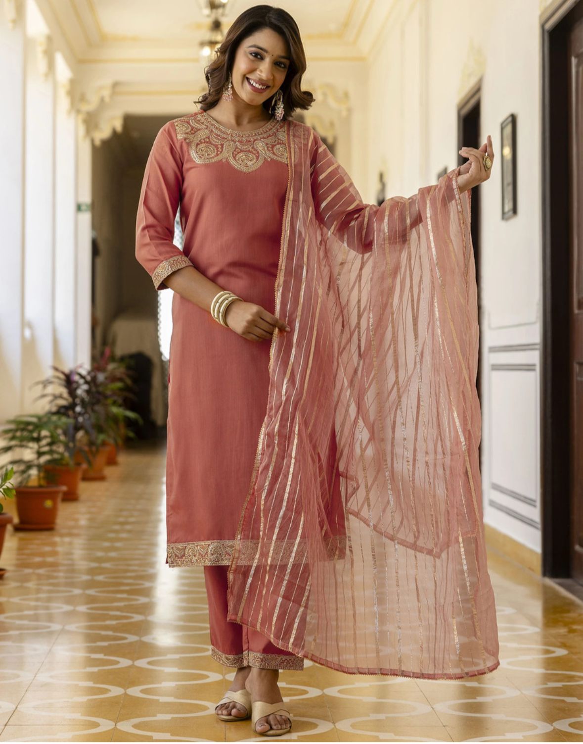 Embellished, embroidered kurta, salwar & dupatta set