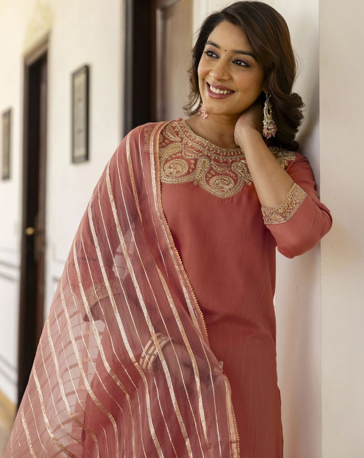 Embellished, embroidered kurta, salwar & dupatta set