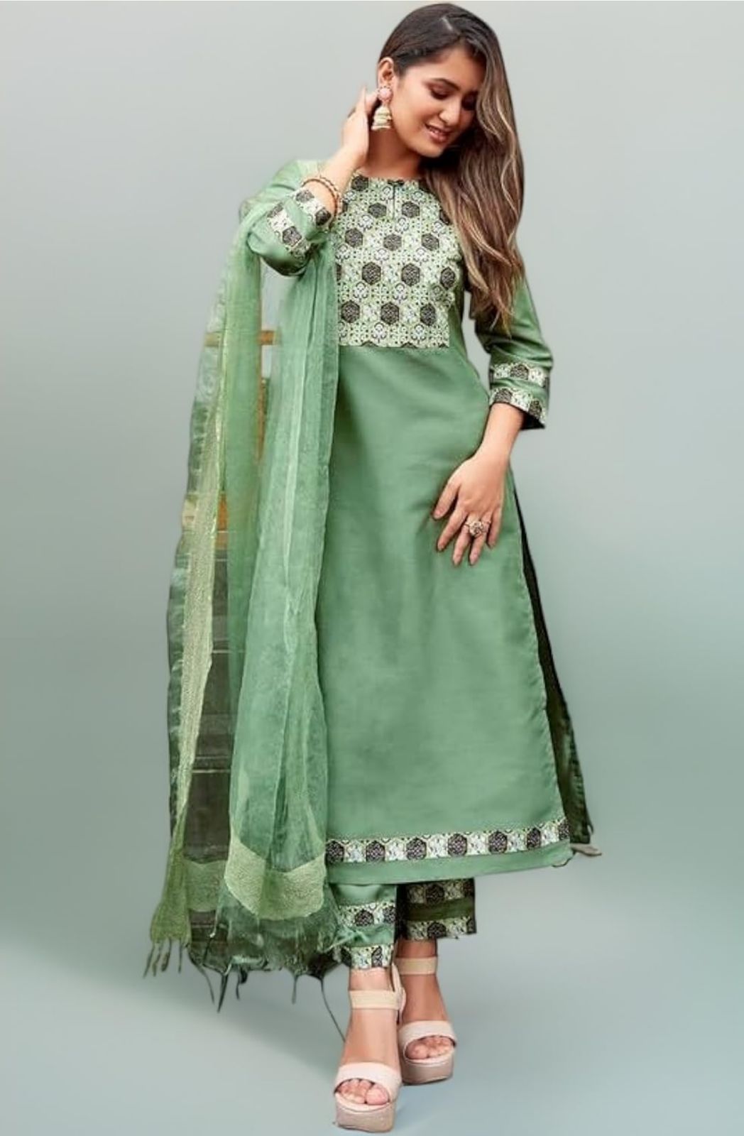 Women's Printed Art Silk Straight Kurta Set with Dupatta