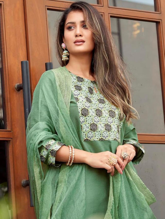 Women's Printed Art Silk Straight Kurta Set with Dupatta
