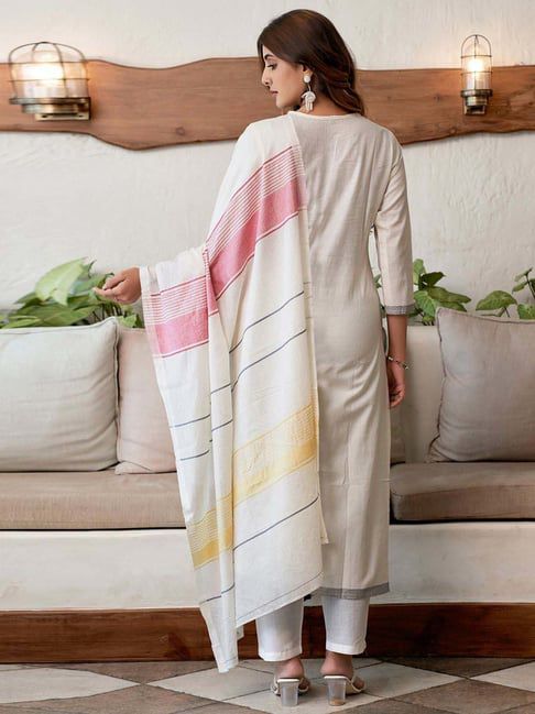 Woven Pattern Kurta Pant Set With Dupatta