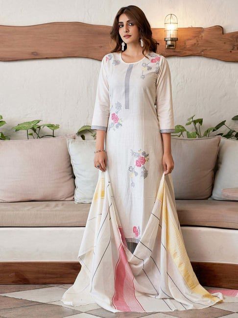 Woven Pattern Kurta Pant Set With Dupatta