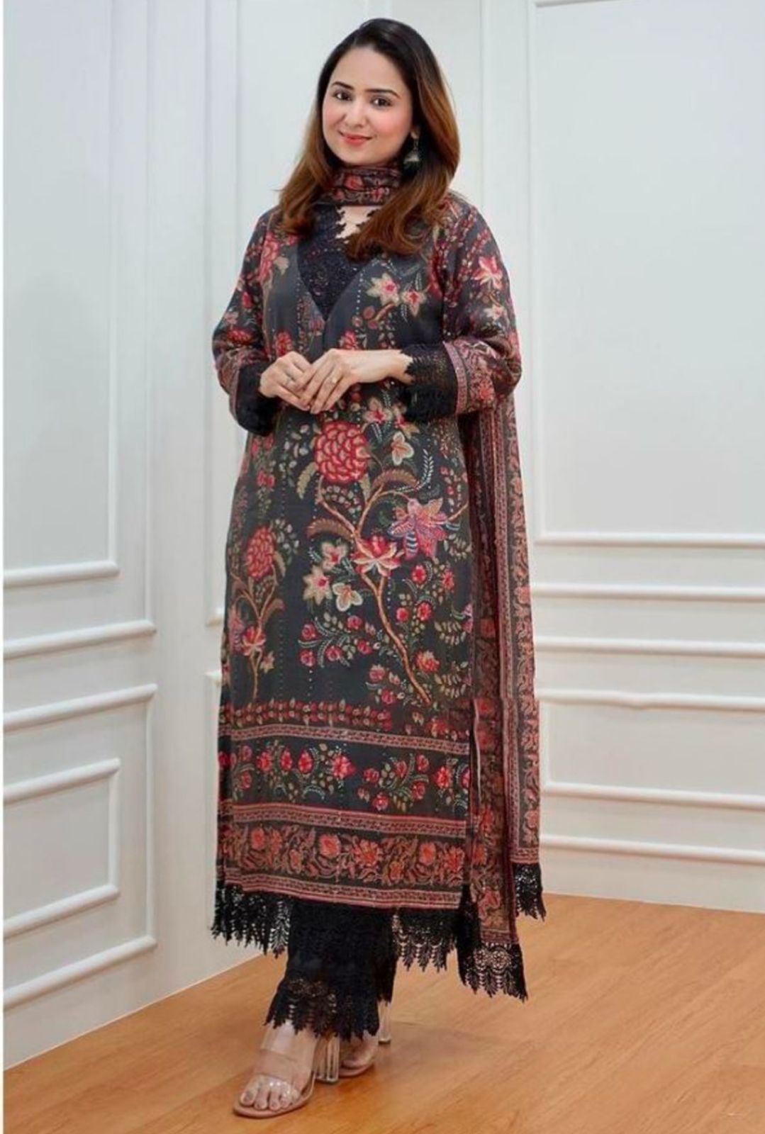 Women black art silk pakistani suit, sequin embroidery and lace detailing all over