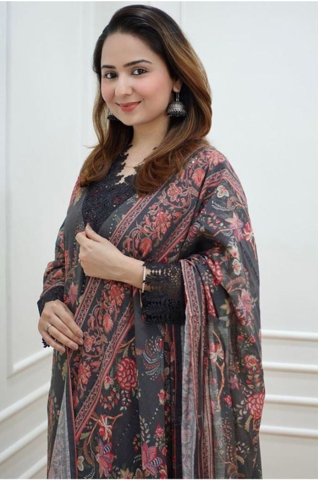 Women black art silk pakistani suit, sequin embroidery and lace detailing all over