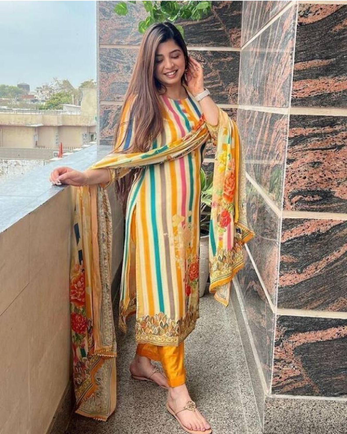 Women cotton , Striped kurta palazzo dupatta set