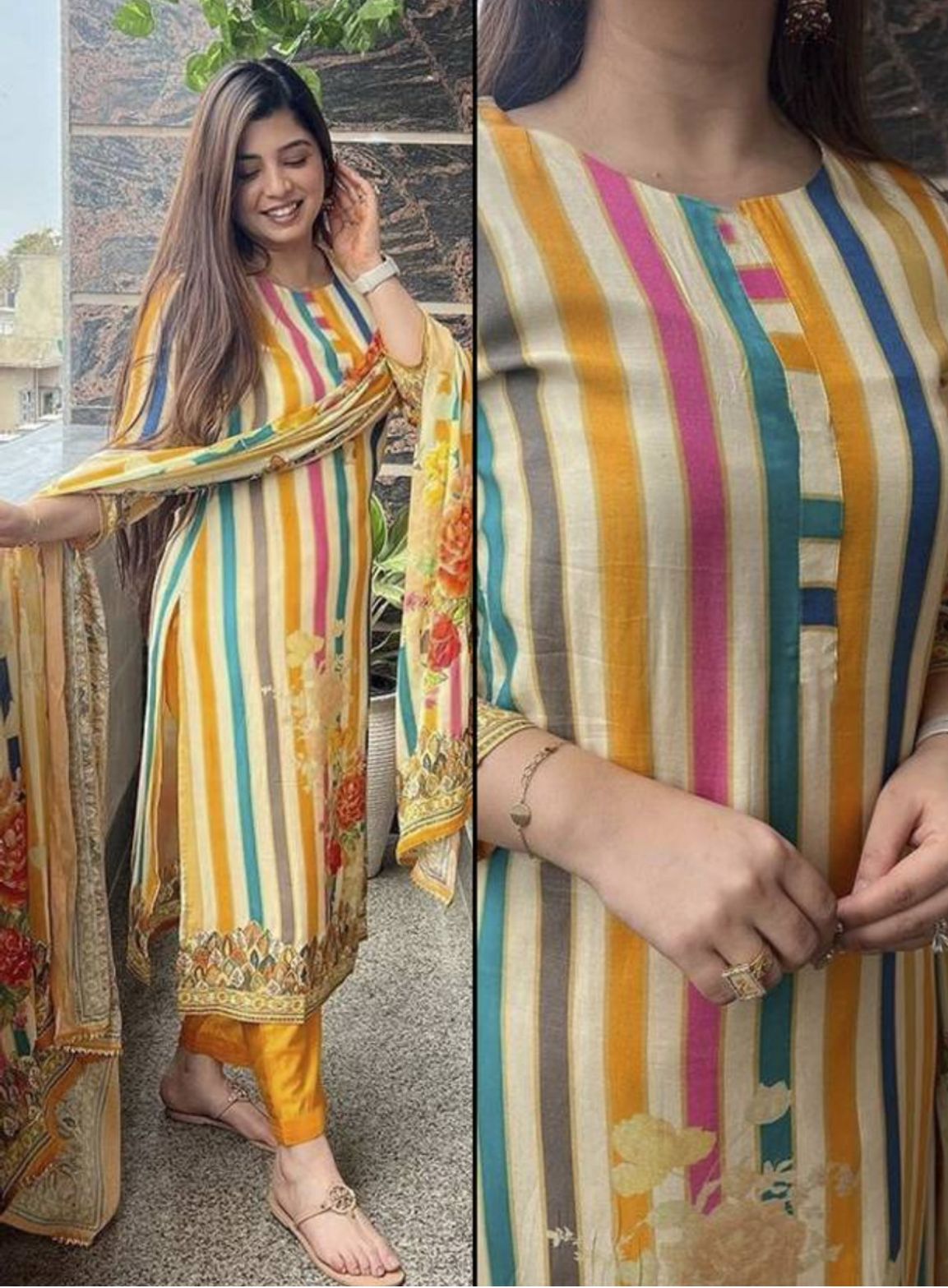 Women cotton , Striped kurta palazzo dupatta set