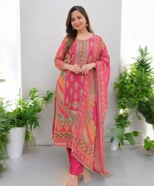 Women heavy printed muslin kurta pant dupatta set