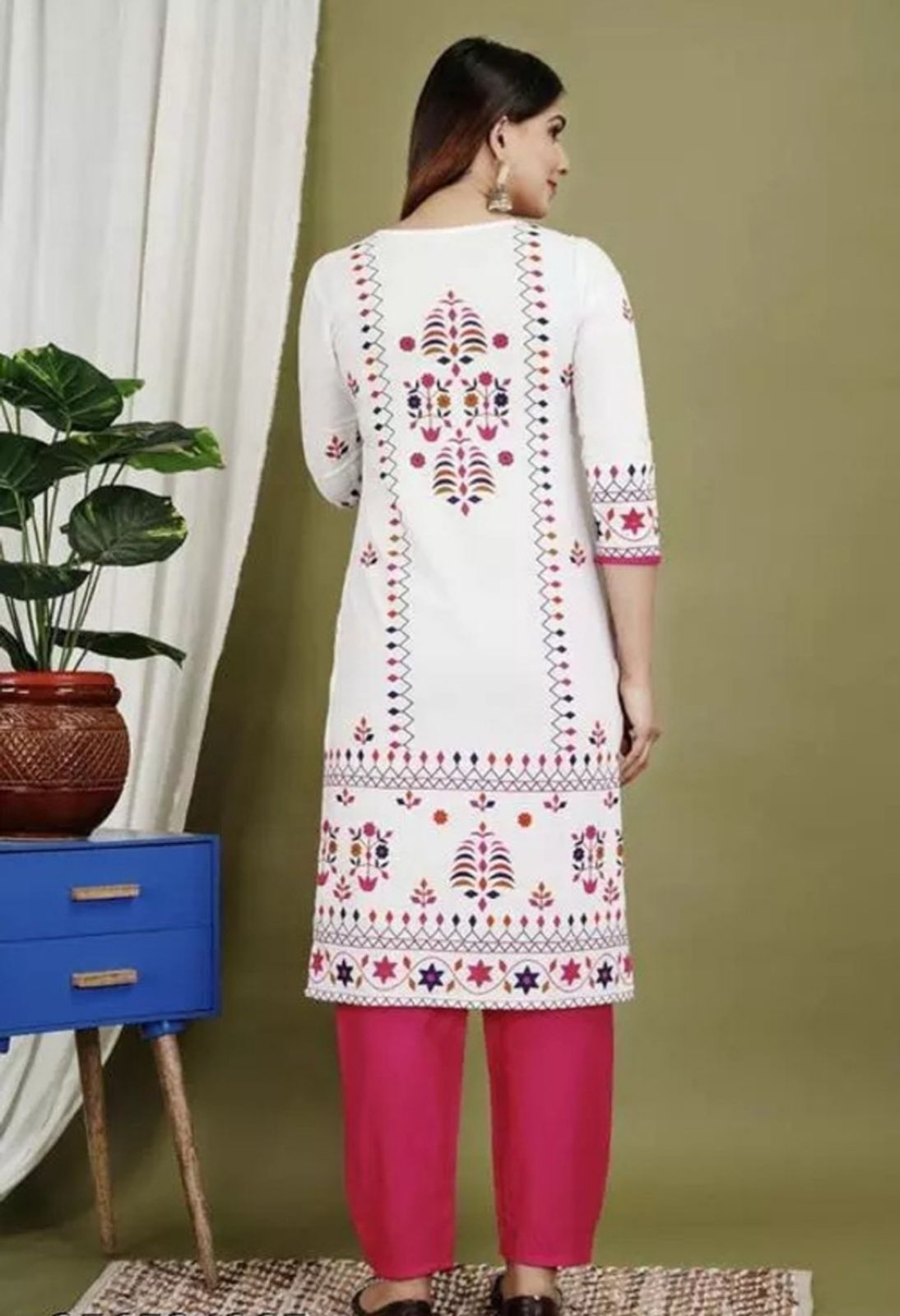 Maslin embroidery sequence printed kurta set