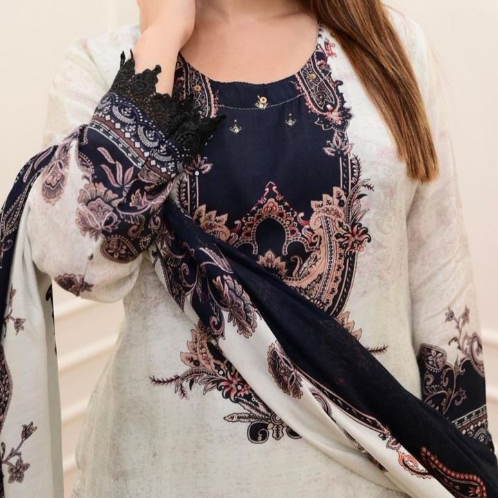 Ivory Muslin Pakistani Suit with Digital Prints and Shifli Chikankari Lace