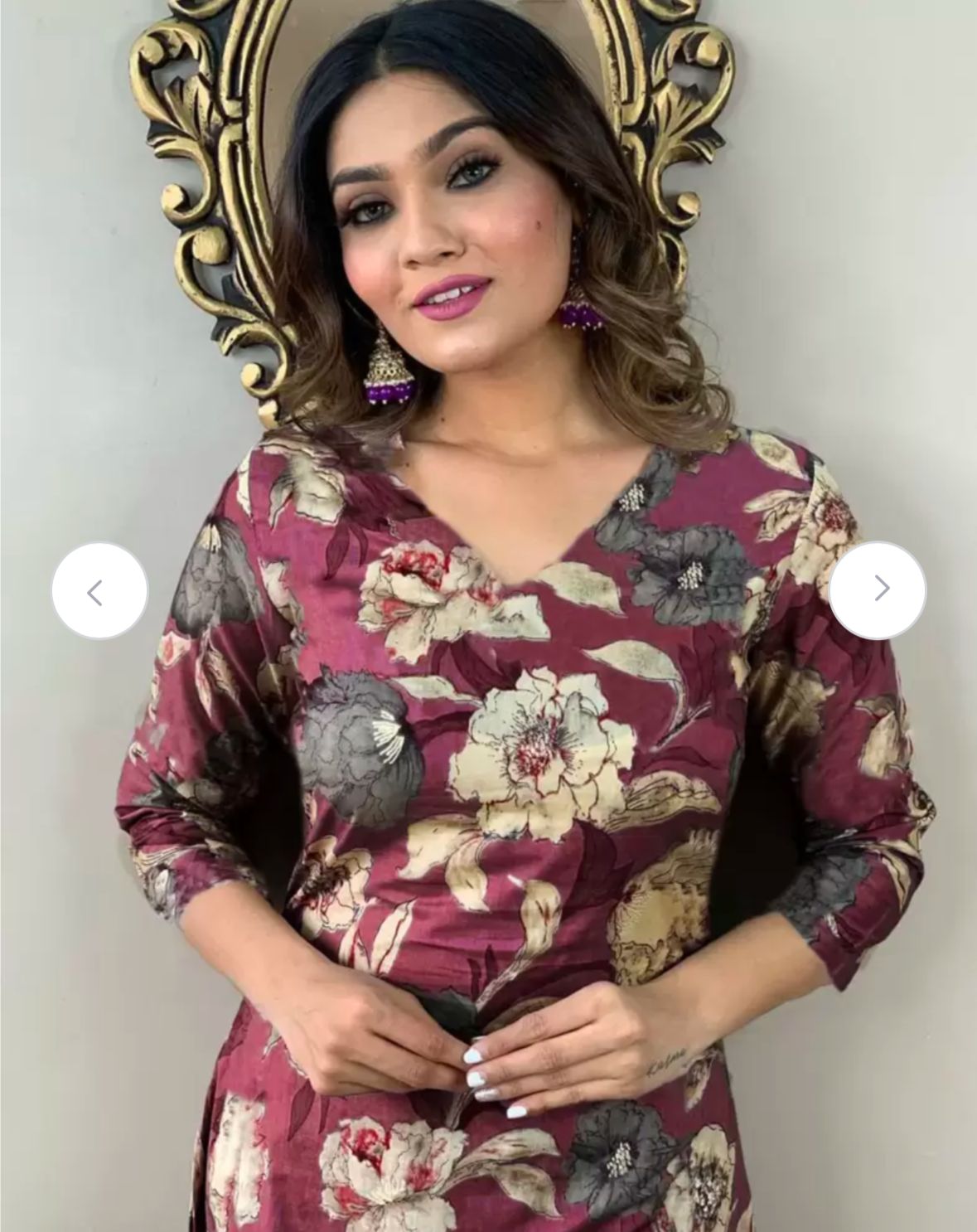 Women maroon floral printed dailywear kurti pant set