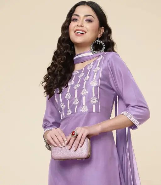 Women self design neck , purple kurti pant set