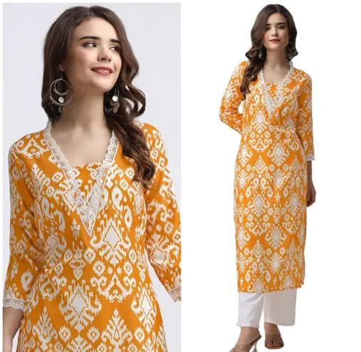 Women embroidered neck yellow kurti pant set