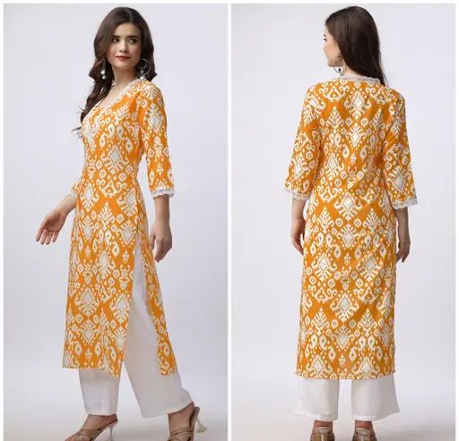 Women embroidered neck yellow kurti pant set