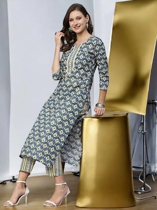 Rayon kurti set for women with palazzo set in teal blue color