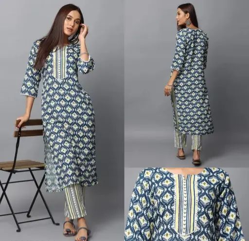 Rayon kurti set for women with palazzo set in teal blue color