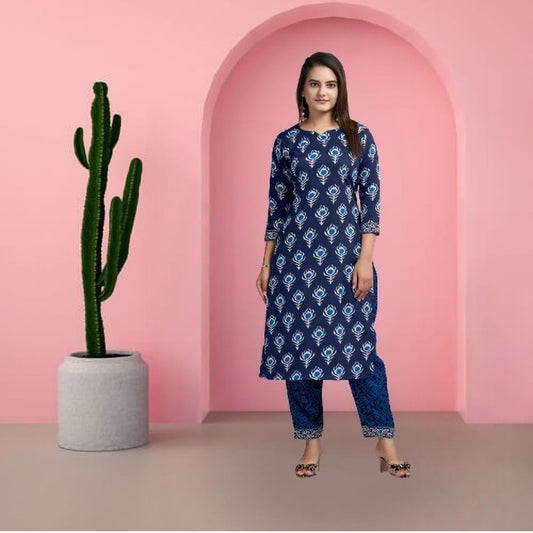 Women's Blue Straight Floral Printed Kurta pant set