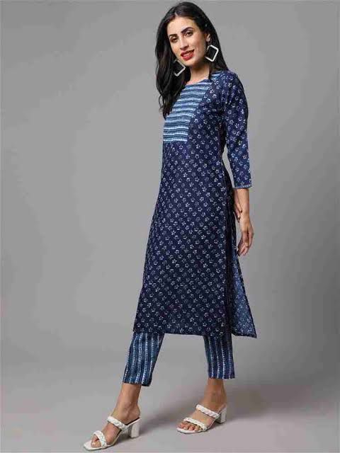 Women blue daily wear printed kurti pant set
