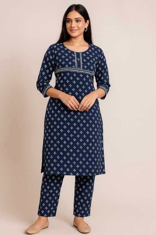 Women viscose rayon navy blue printed dailywear kurti pant set