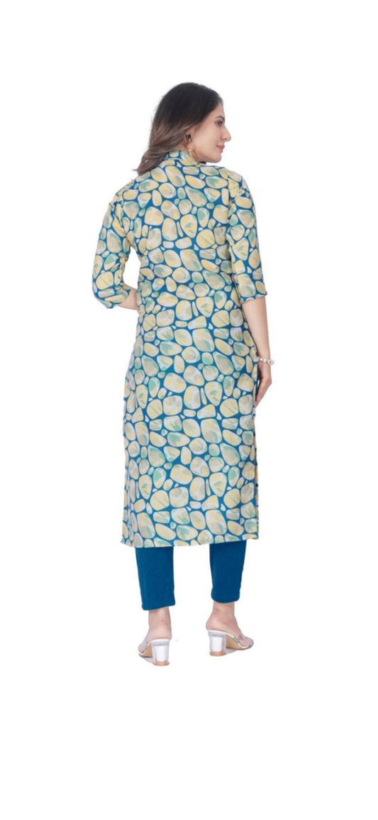 Women dailywear blue,green printed kurti pant set