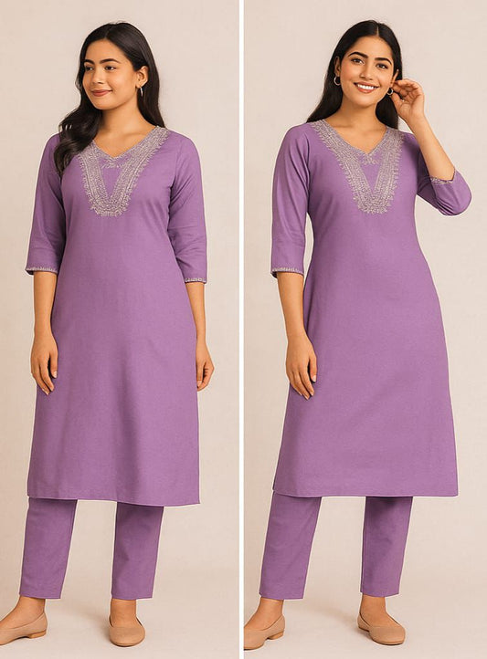 Purple V designer neck kurti pant set