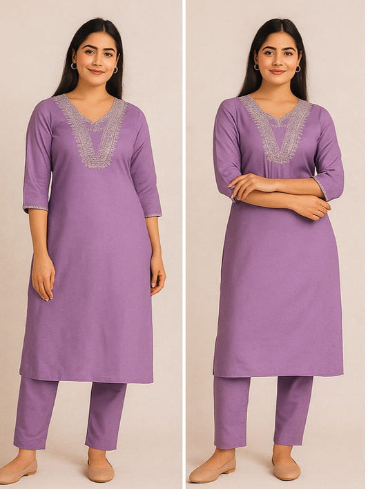 Purple V designer neck kurti pant set