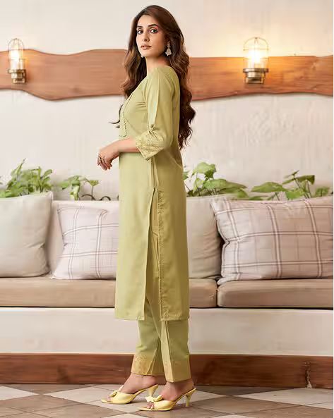Women Embroidered Straight Kurta, net dupatta Suit Set