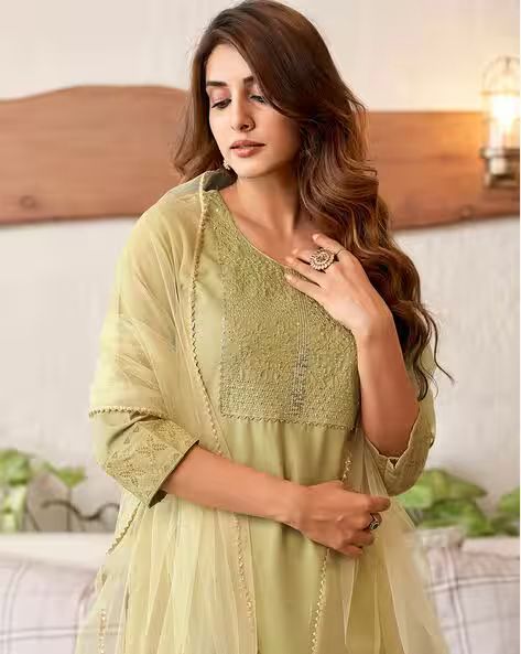 Women Embroidered Straight Kurta, net dupatta Suit Set