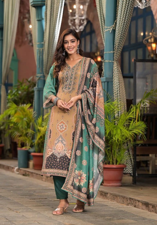 Mirror work heavy designer suit with designer dupatta  Color combination:- cream and green