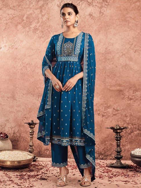 Blue Chinnon Printed Anarkali Kurta Set With Dupatta